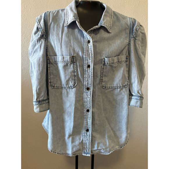 Frame Denim Blue Rosette Puff-Sleeve Denim Shirt Womens Size Large - Picture 1 of 4